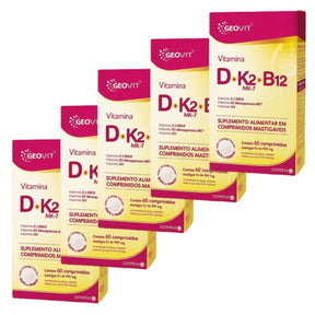Kit 5x Vitamina D + K2 Mk7 + B12 Geovit Sabor Morango | 60 Comprimidos Mastigáveis