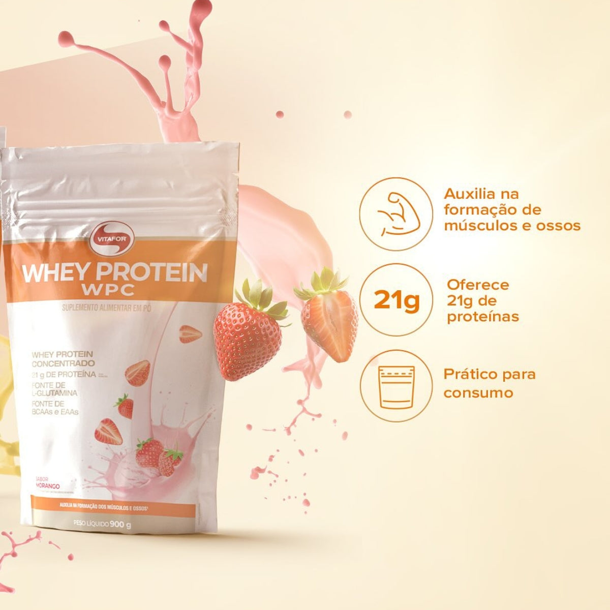 Whey Protein WPC Sabor Morango Vitafor | Sachê 900g