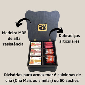 Kit | Caixa De Chá Preta Articulável com 6 Divisórias + 6 Chás | Chámais