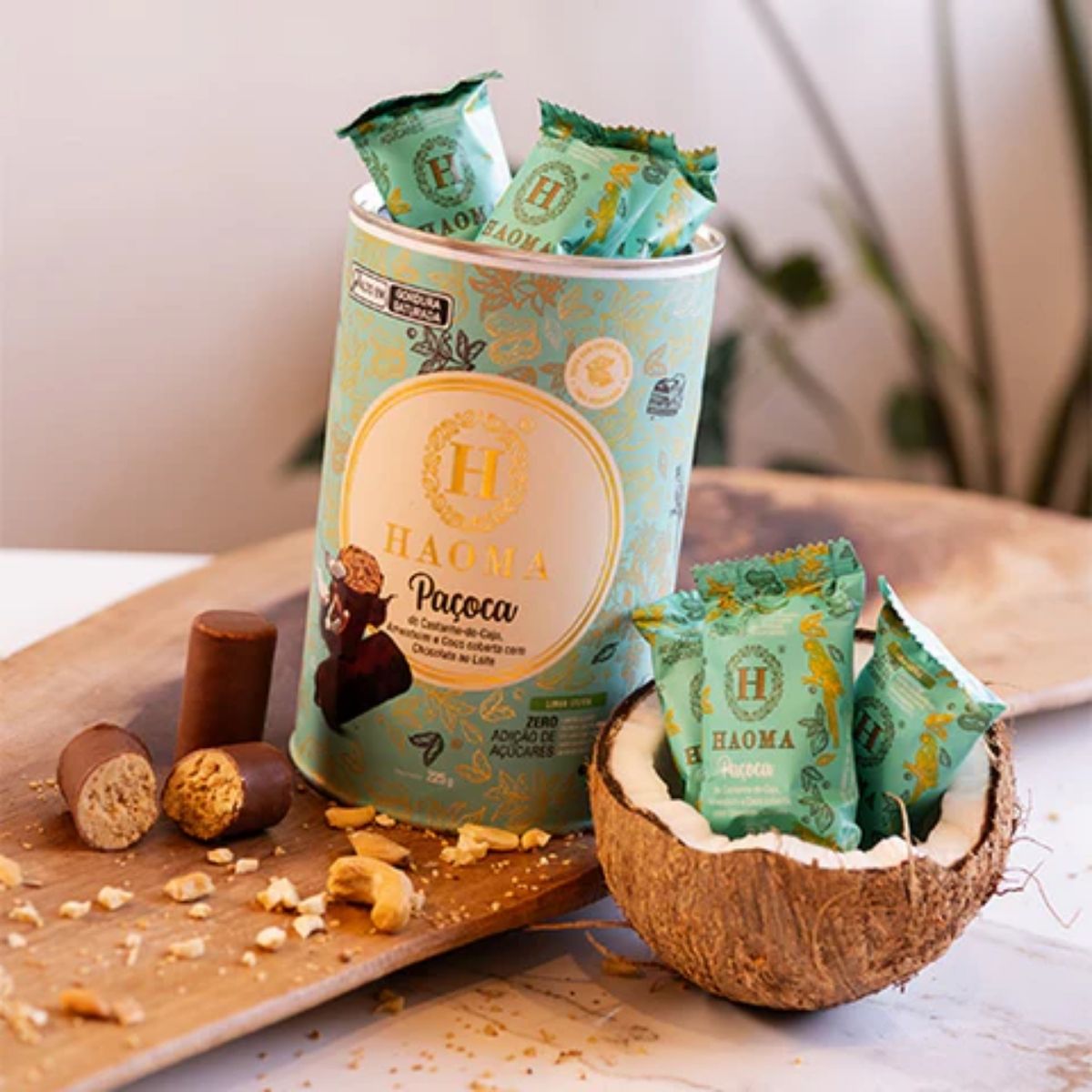 Paçoca de Castanha de Caju Amendoim e Coco com Chocolate Linha Stevia Haoma | 225g