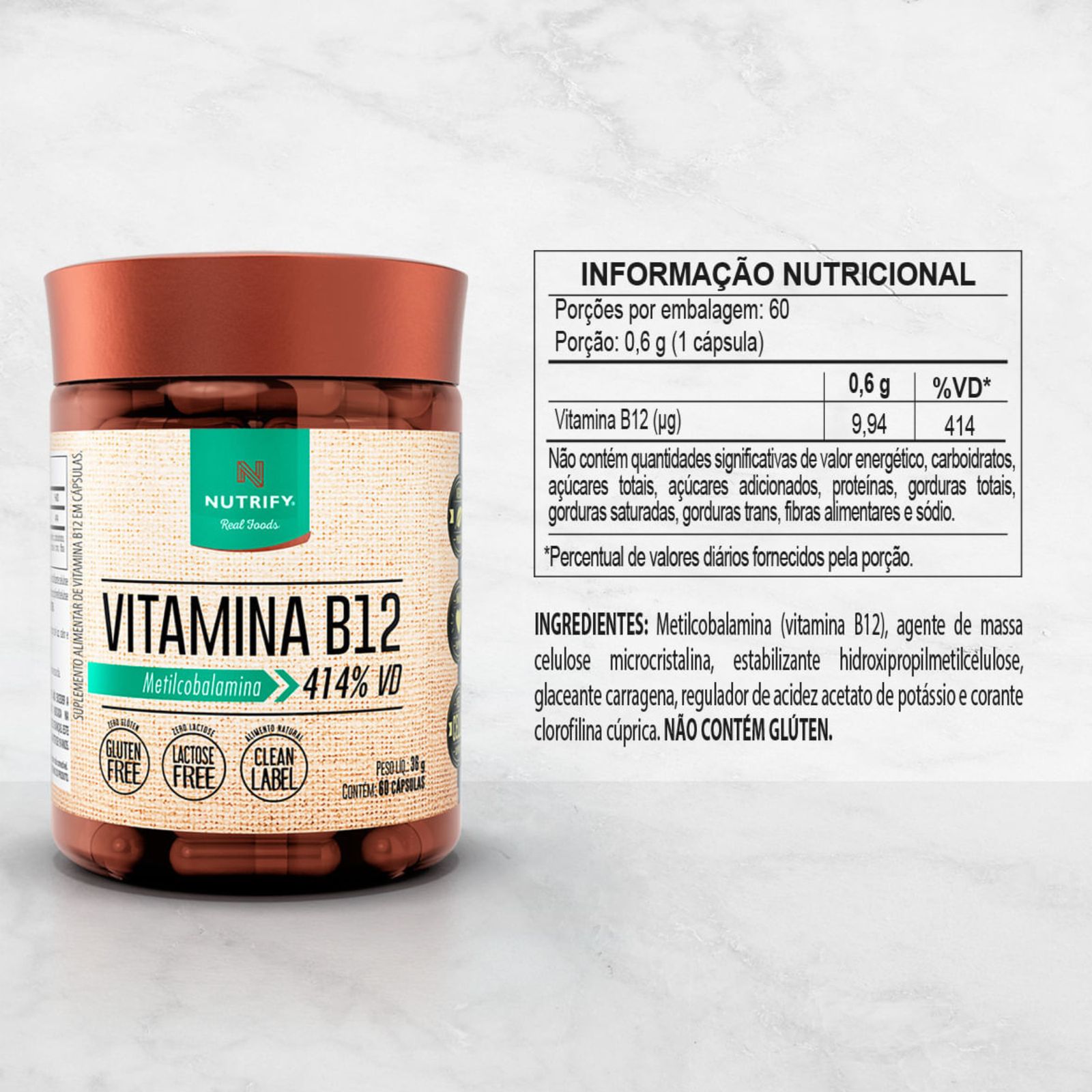 Vitamina B12 Metilcobalamina 414% Nutrify | 60 cápsulas