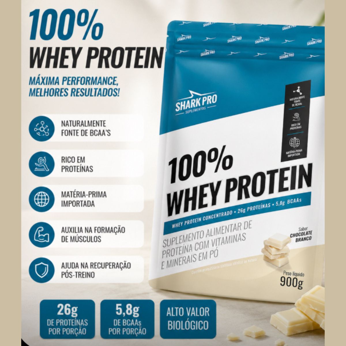100% Whey Protein Chocolate Branco Shark Pro | Refil 900g