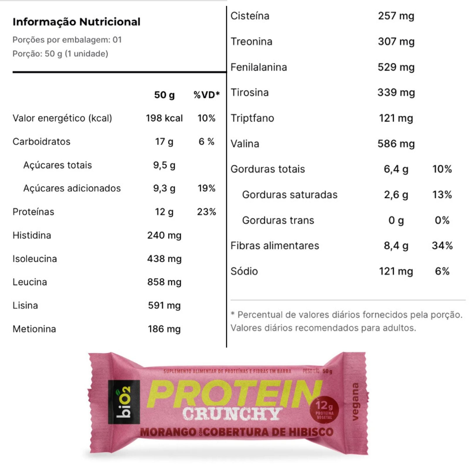 Barra BiO2 Protein Crunchy Morango com Cobertura de Hibisco | 9x50g