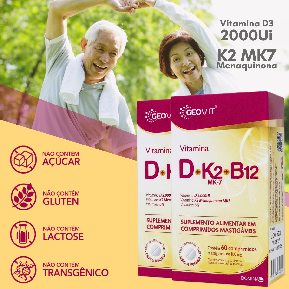 Vitamina D + K2 Mk7 + B12 Geovit Sabor Morango | 60 Comprimidos Mastigáveis