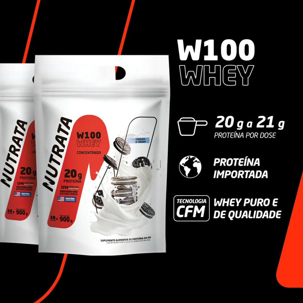 W100 Whey Concentrado Cookies e Cream Nutrata | Refil 900g