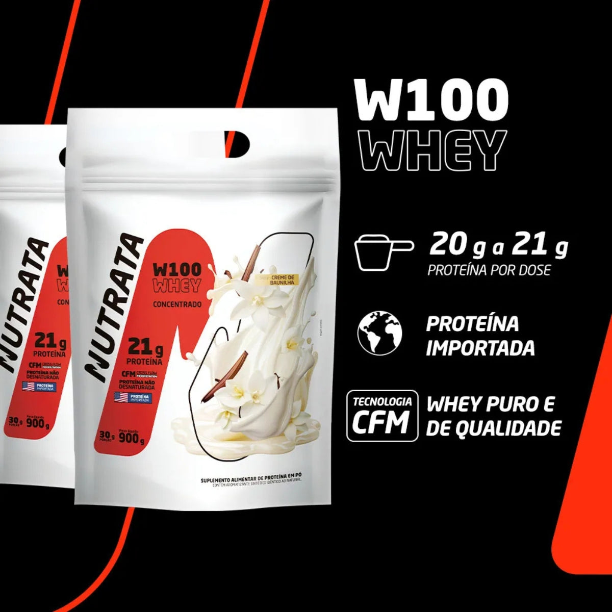 W100 Whey Concentrado Creme de Baunilha Nutrata | Refil 900g