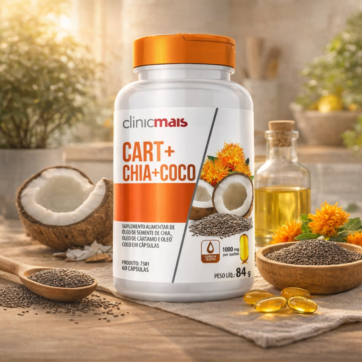 Óleo de Cártamo + Chia + Coco Clinicmais | 60 Cápsulas