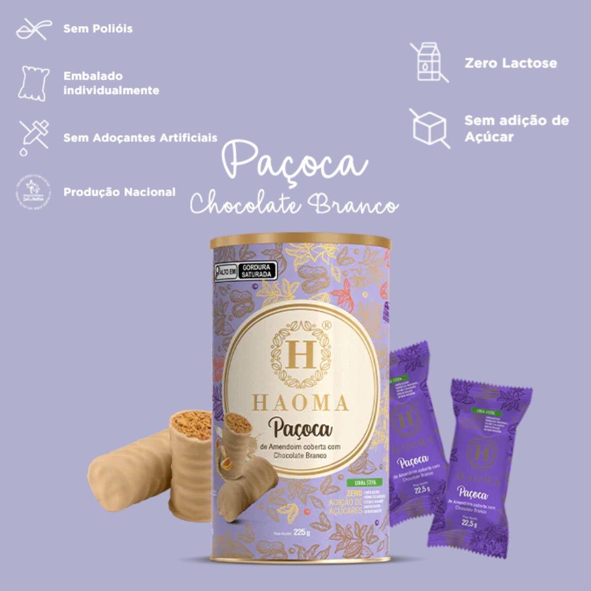 Paçoca  Amendoim com Chocolate Branco Linha Stevia Haoma | 225g