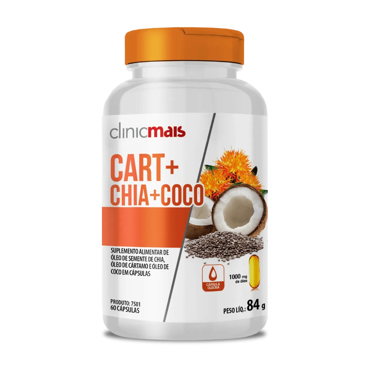 Óleo de Cártamo + Chia + Coco Clinicmais | 60 Cápsulas