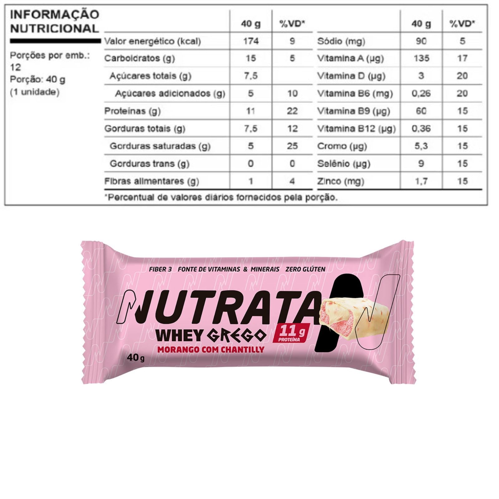 Barra Whey Grego Morango com Chantilly Nutrata | 12x40g