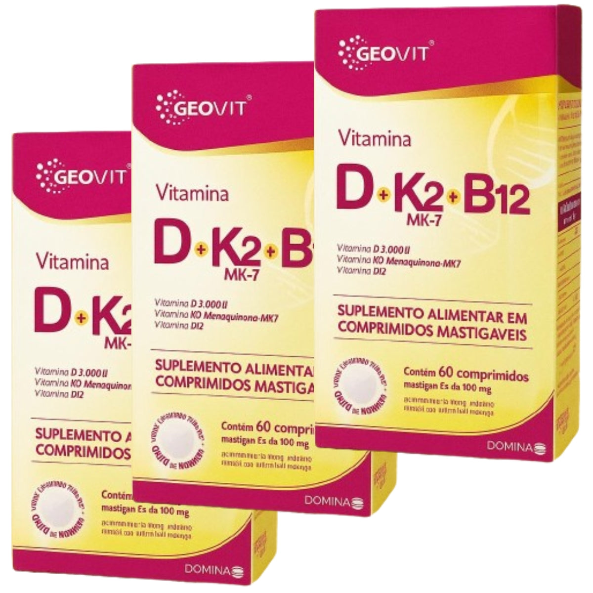 Kit 3x Vitamina D + K2 Mk7 + B12 Geovit Sabor Morango | 60 Comprimidos Mastigáveis