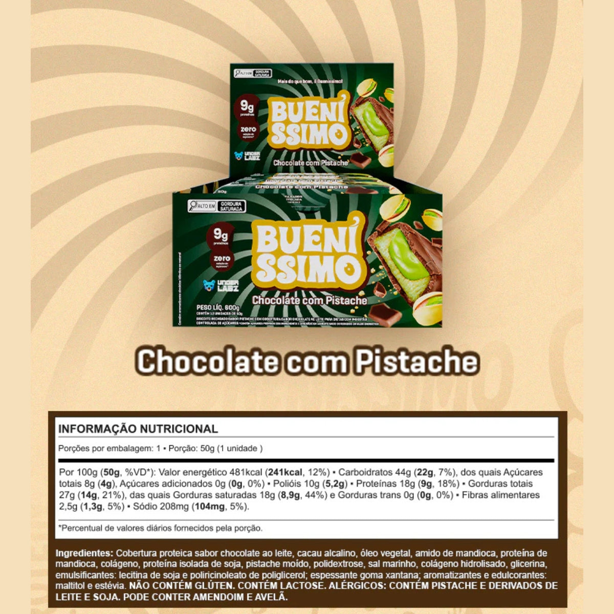 Barra Bueníssimo Chocolate com Pistache Under Labz | 12x50g