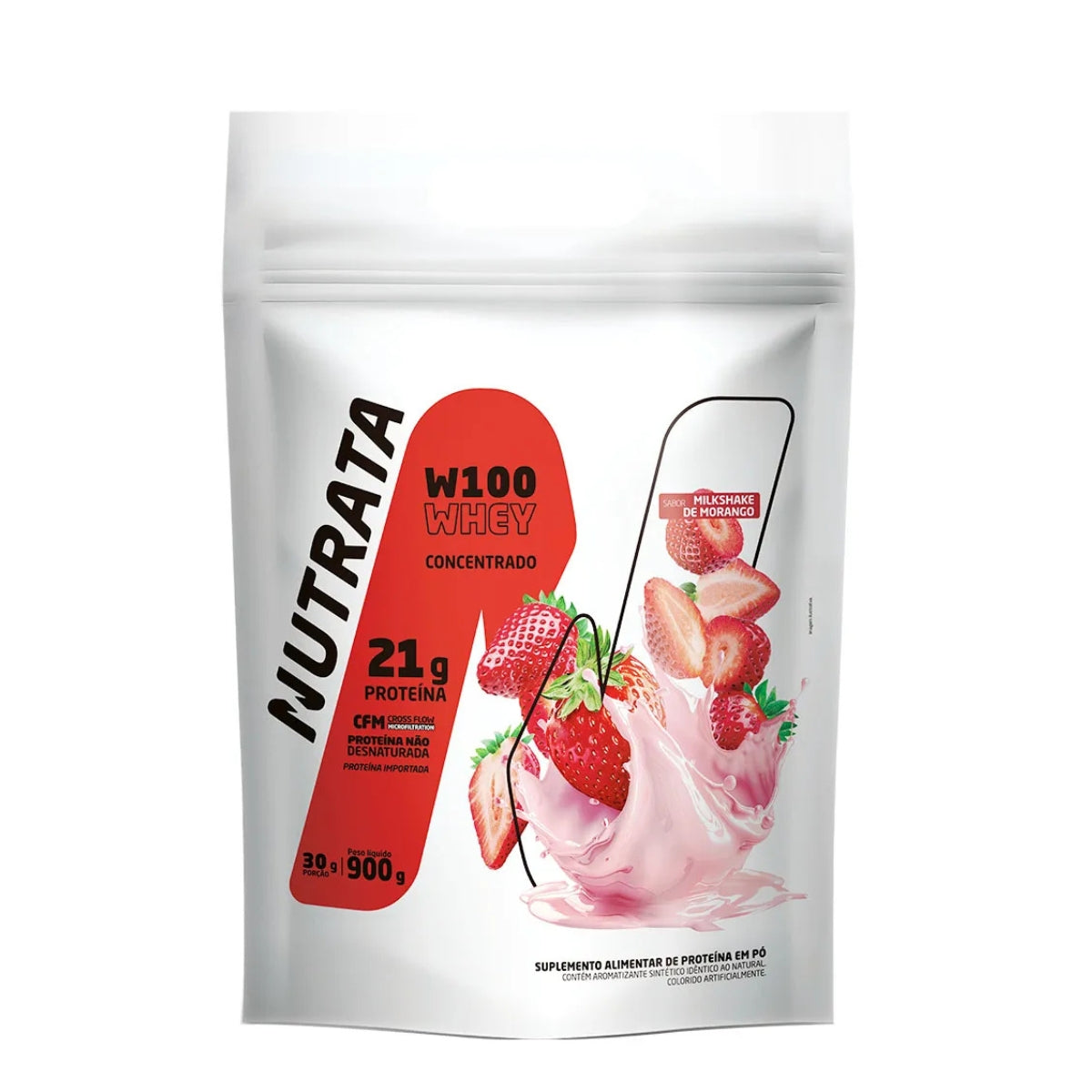 W100 Whey Concentrado Milkshake de Morango Nutrata | Refil 900g
