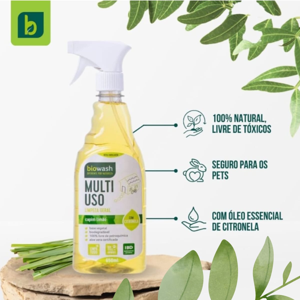 MultiUso Biodegradável Sem Enxágue Capim Limão Biowash | Gatilho 650ml