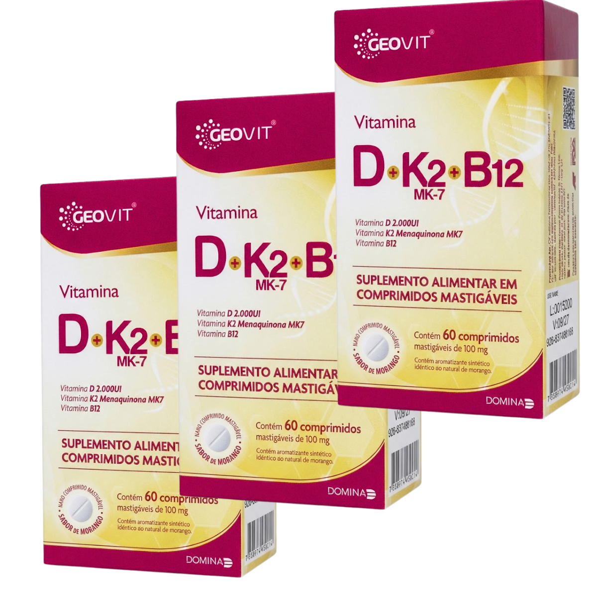 Kit 3x Vitamina D + K2 Mk7 + B12 Geovit Sabor Morango | 60 Comprimidos Mastigáveis
