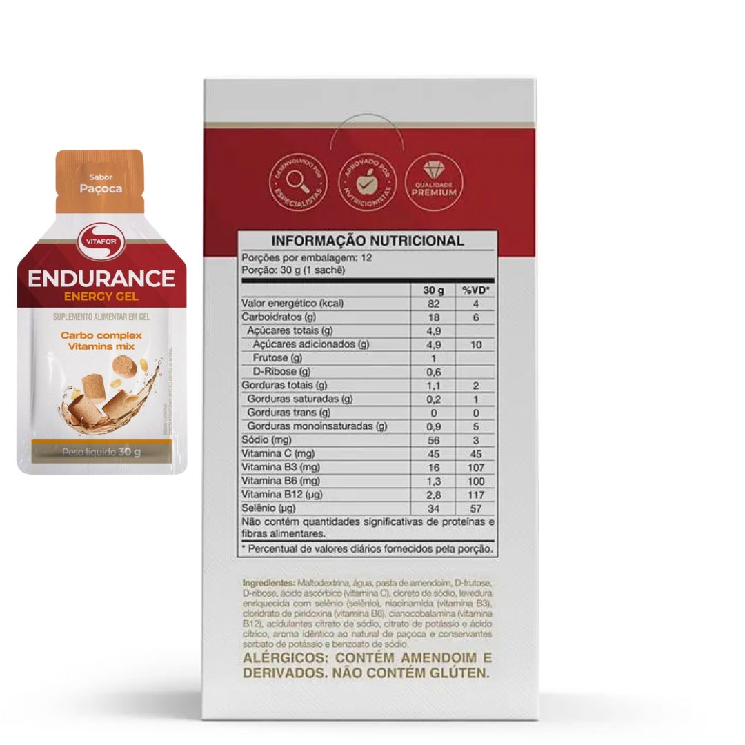 Endurance Energy gel Sabor Paçoca Vitafor | 12 sachês x 30g