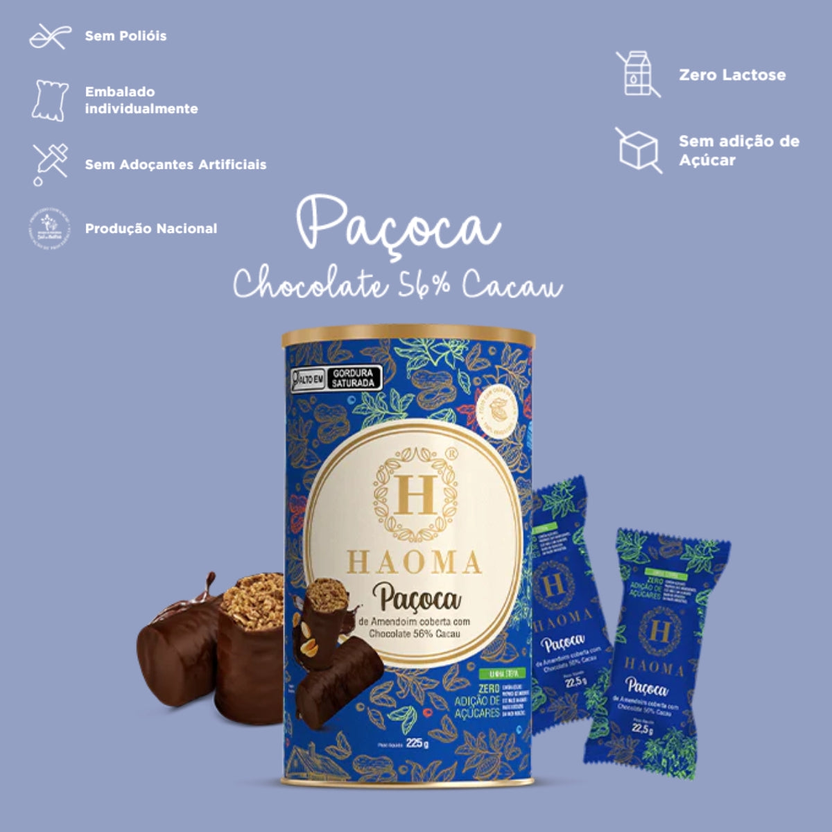 Paçoca  Amendoim com Chocolate 56% Cacau Linha Stevia Haoma | 225g