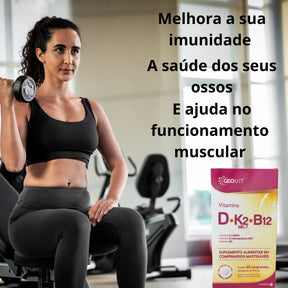 Vitamina D + K2 Mk7 + B12 Geovit Sabor Morango | 60 Comprimidos Mastigáveis