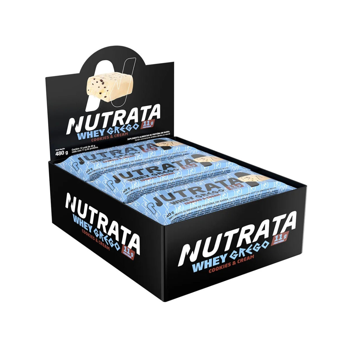 Barra de Proteína Whey Grego Cookies e Cream Nutrata | 12x40g