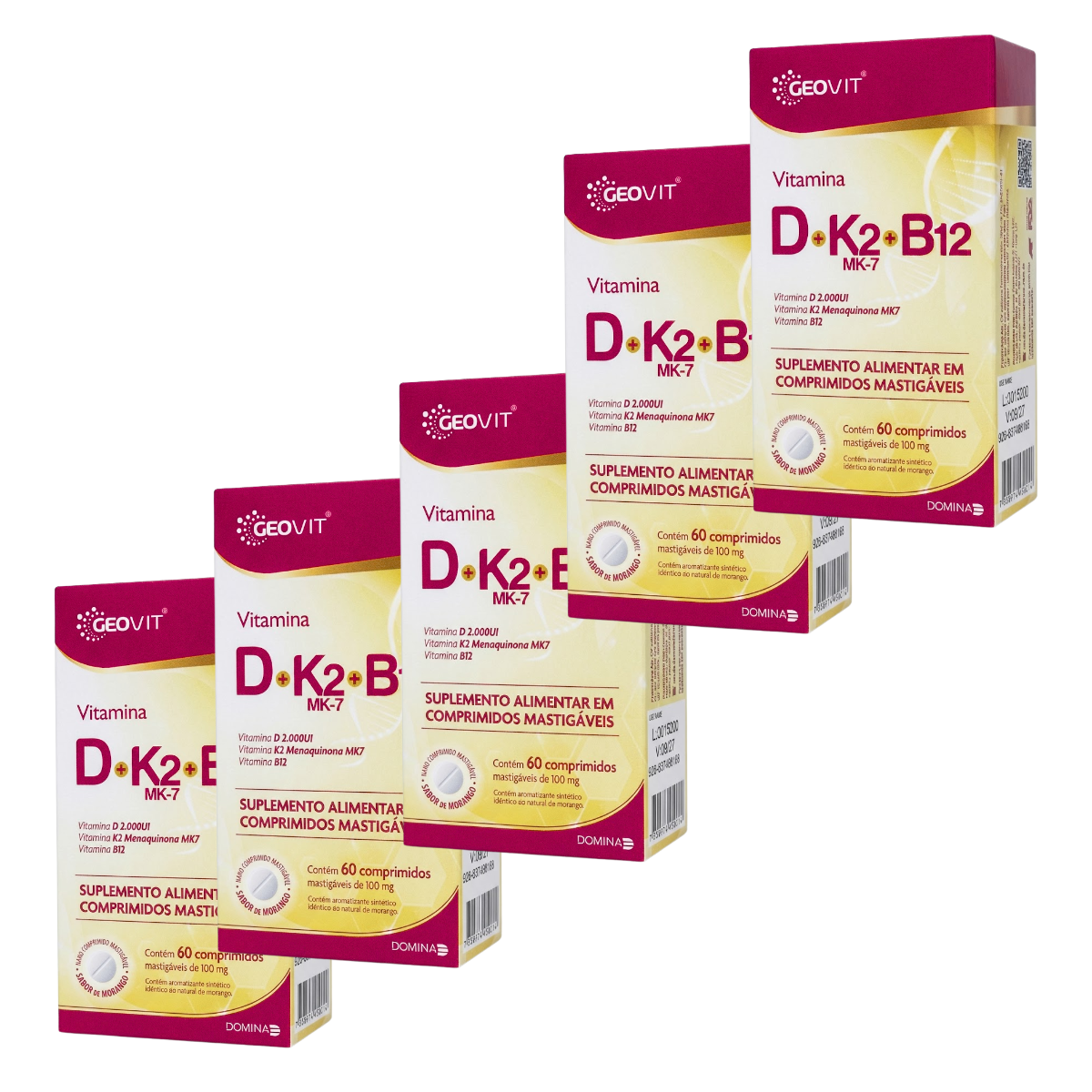 Kit 5x Vitamina D + K2 Mk7 + B12 Geovit Sabor Morango | 60 Comprimidos Mastigáveis