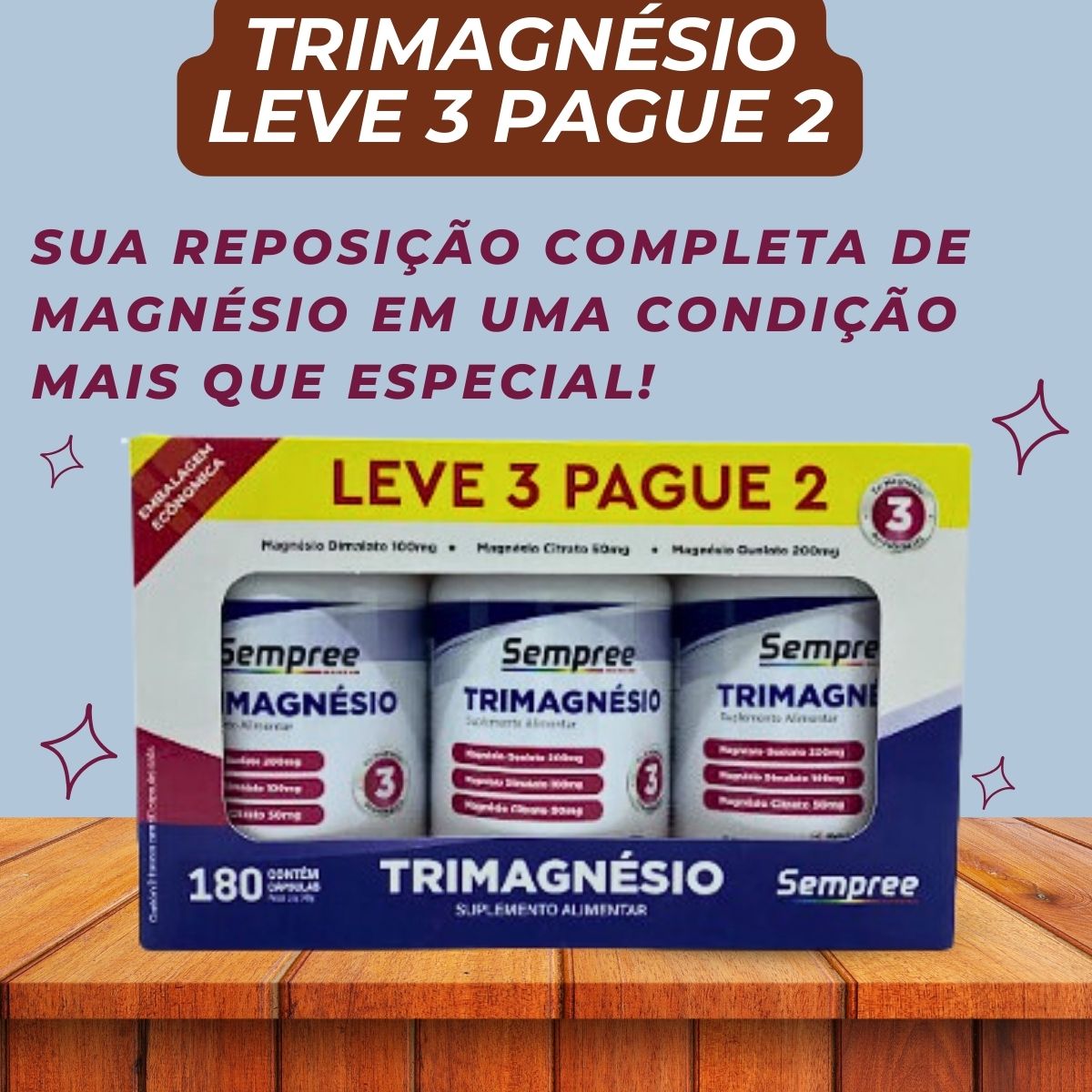 Trimagnésio 350mg Leve 3 Pague 2 Sempree | 180 cápsulas