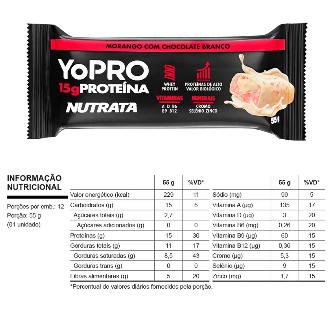 Barra YoPro Morango com Chocolate Branco Nutrata | Display 12x55g