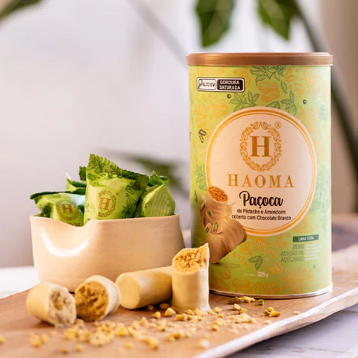 Paçoca de Pistache e Amendoim com Chocolate Branco Linha Stevia Haoma | 225g