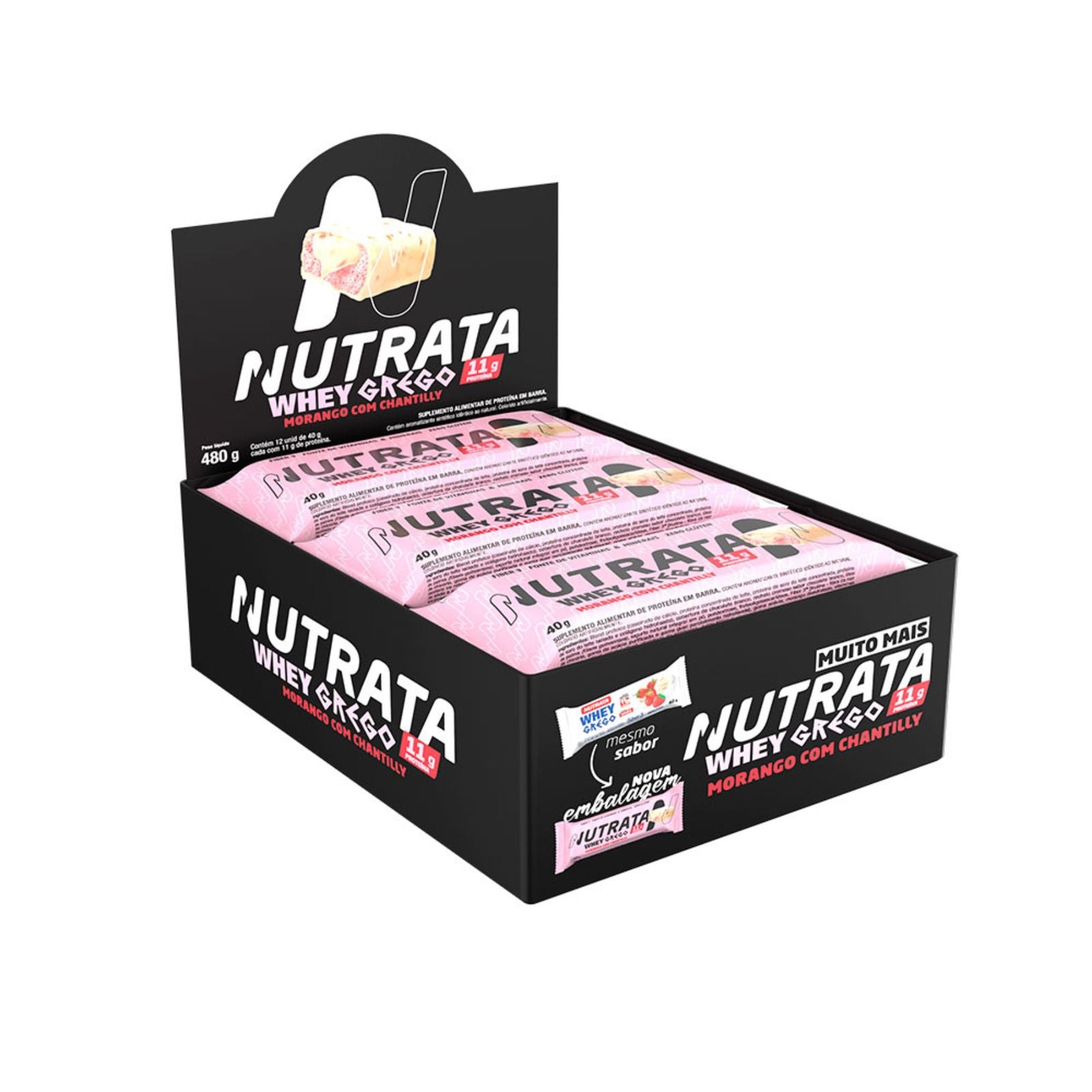 Barra Whey Grego Morango com Chantilly Nutrata | 12x40g