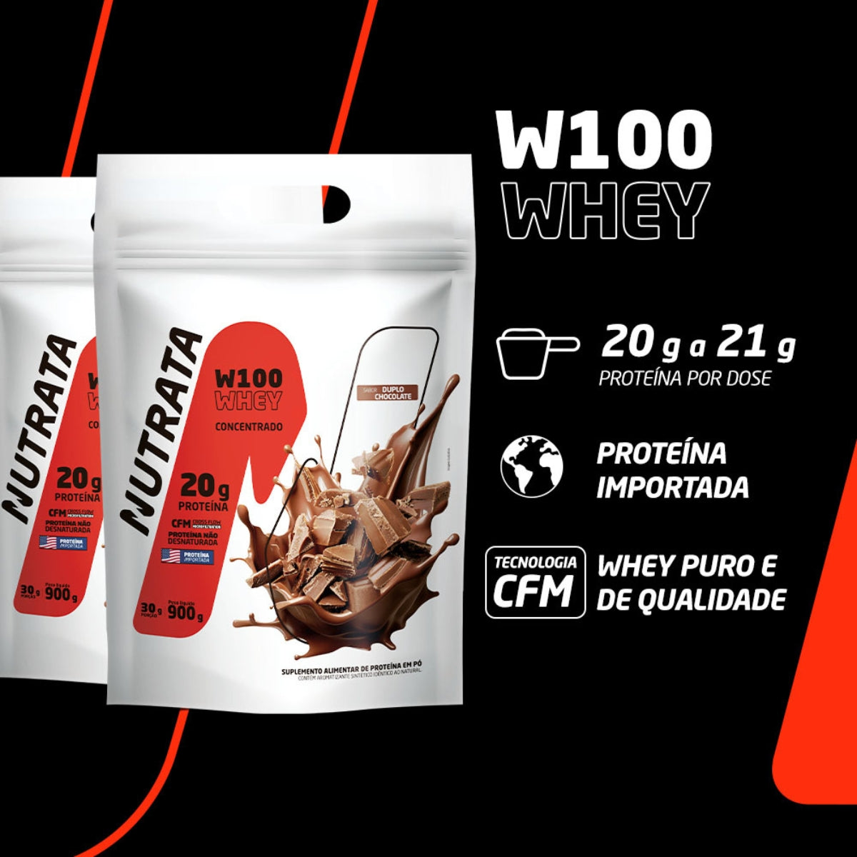 W100 Whey Concentrado Duplo Chocolate Nutrata | Refil 900g