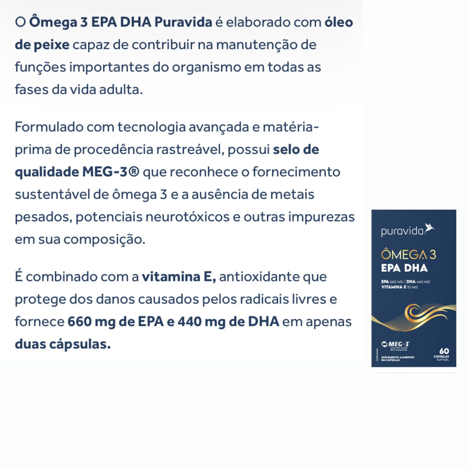 Ômega 3 MEG-3 Puravida 660 EPA 440 DHA | 60 Cápsulas