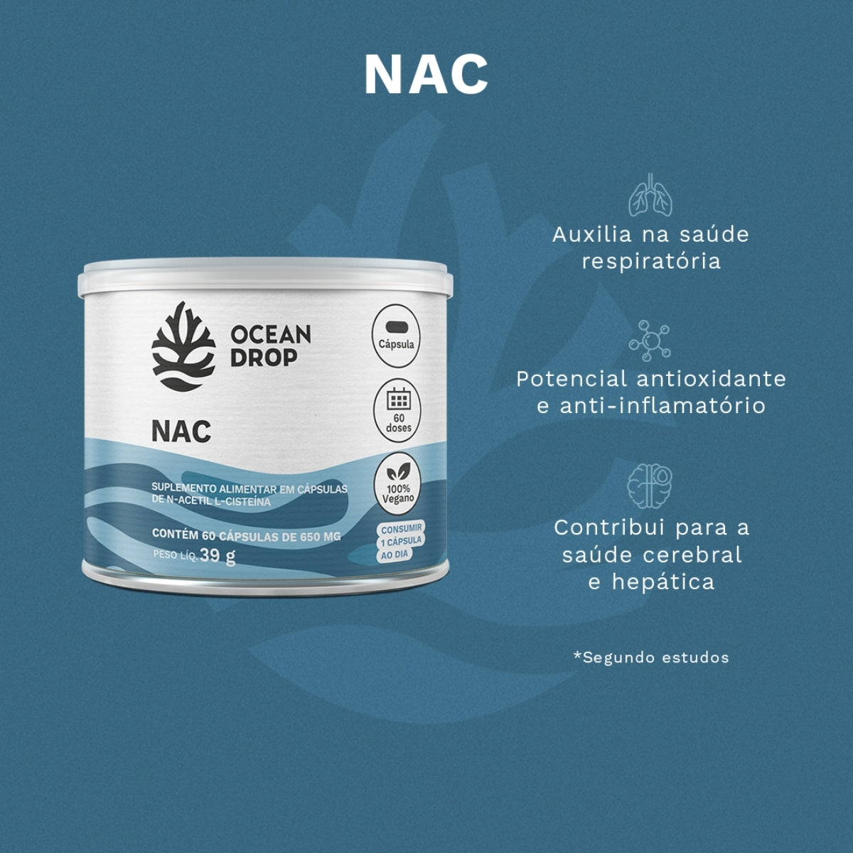 NAC L-Cisteína 500mg Ocean Drop | 120 cápsulas