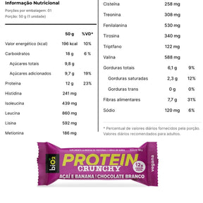 Barra BiO2 Protein Crunchy Açaí e Banana com Chocolate Branco | 9x50g