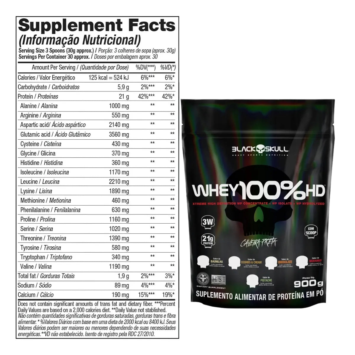 Whey 100%hd Black Skull Morango | Refil 900g