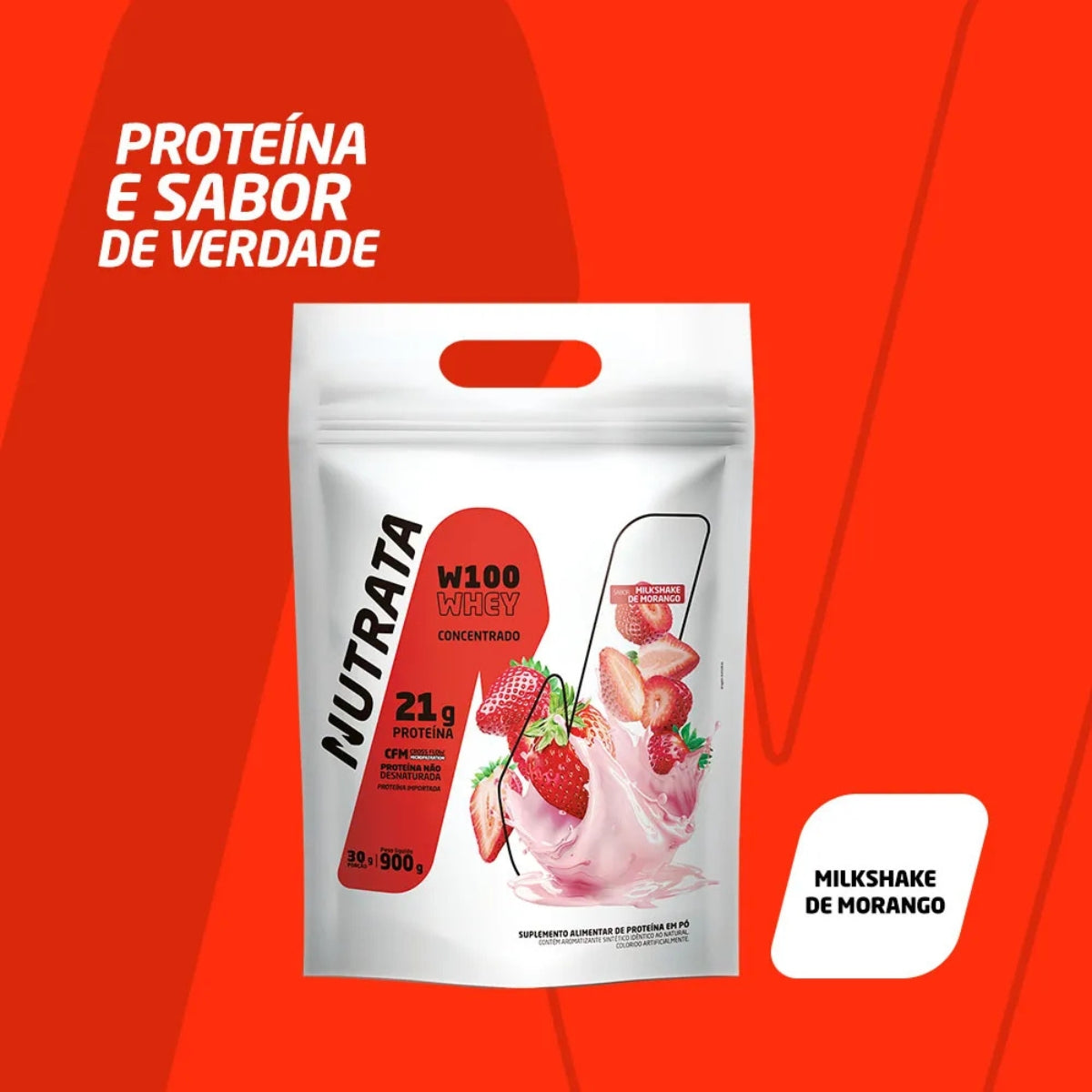 W100 Whey Concentrado Milkshake de Morango Nutrata | Refil 900g