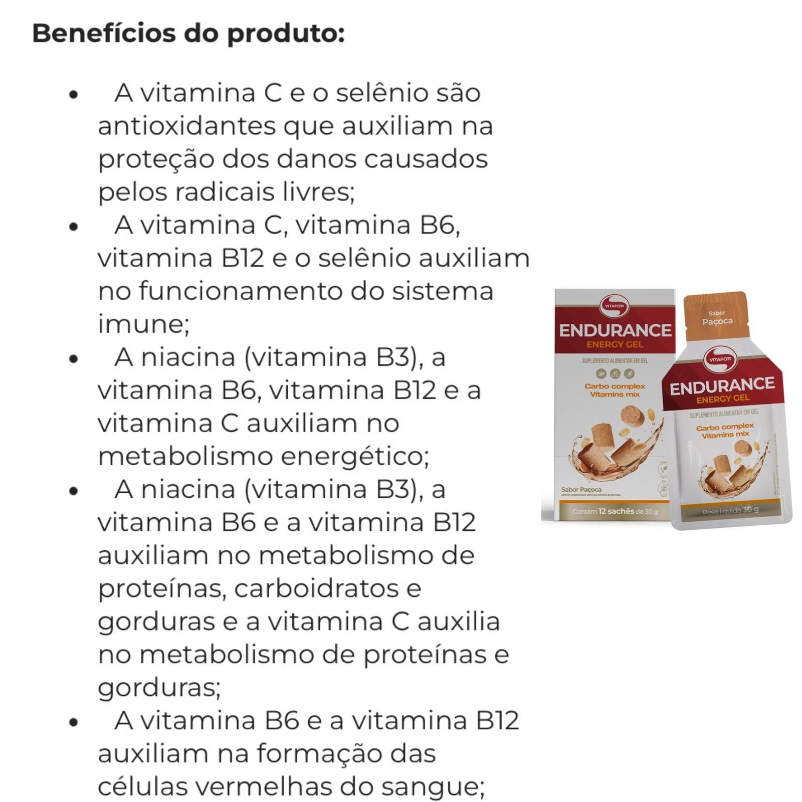 Endurance Energy gel Sabor Paçoca Vitafor | 12 sachês x 30g