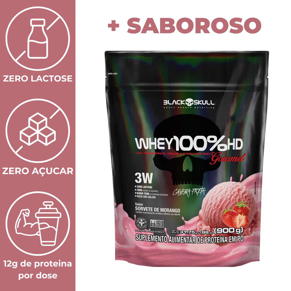 Whey 100%hd Gourmet Black Skull Sorvete De Morango | Refil 900g