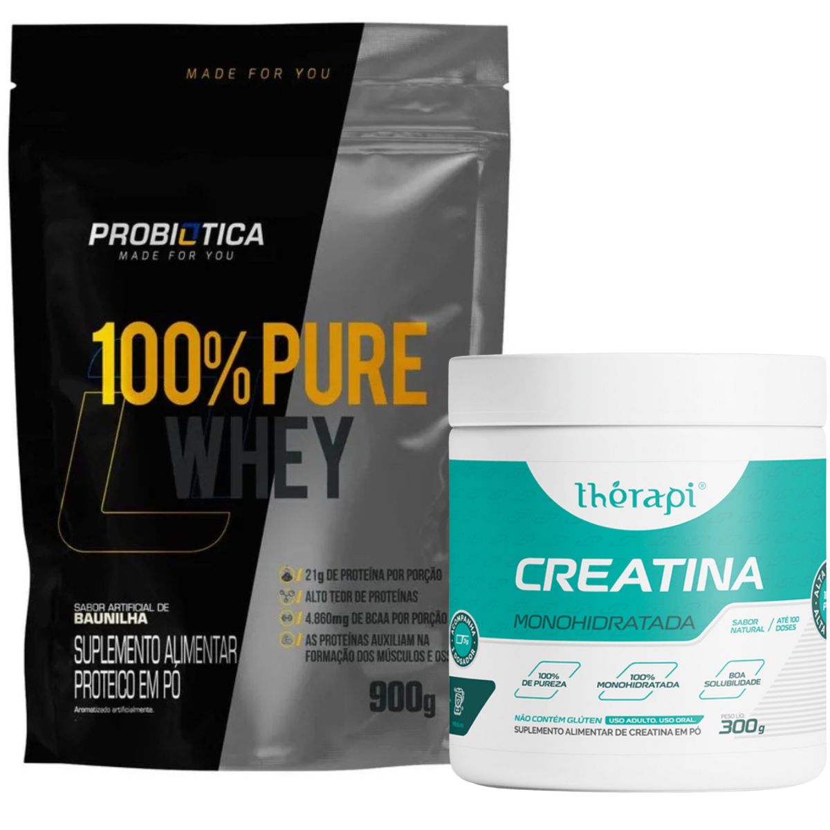 Kit 100% Pure Whey Protein Probiótica Baunilha 900g + Creatina Thérapi 300g
