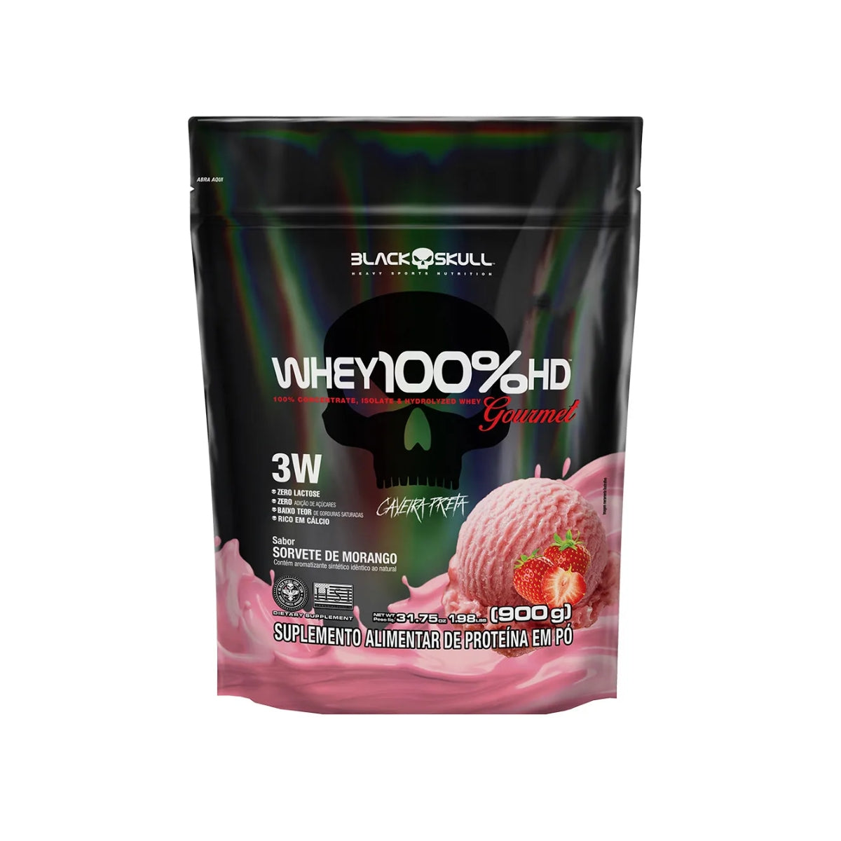 Whey 100%hd Gourmet Black Skull Sorvete De Morango | Refil 900g