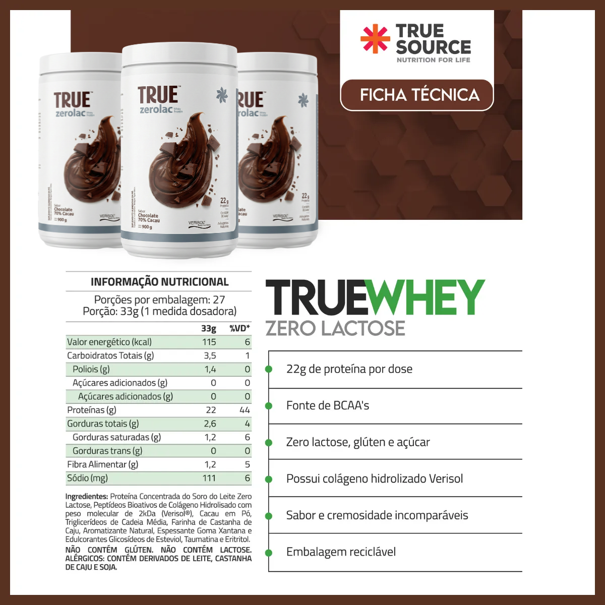 True Whey Zero Lactose Chocolate 70% Cacau | 900g