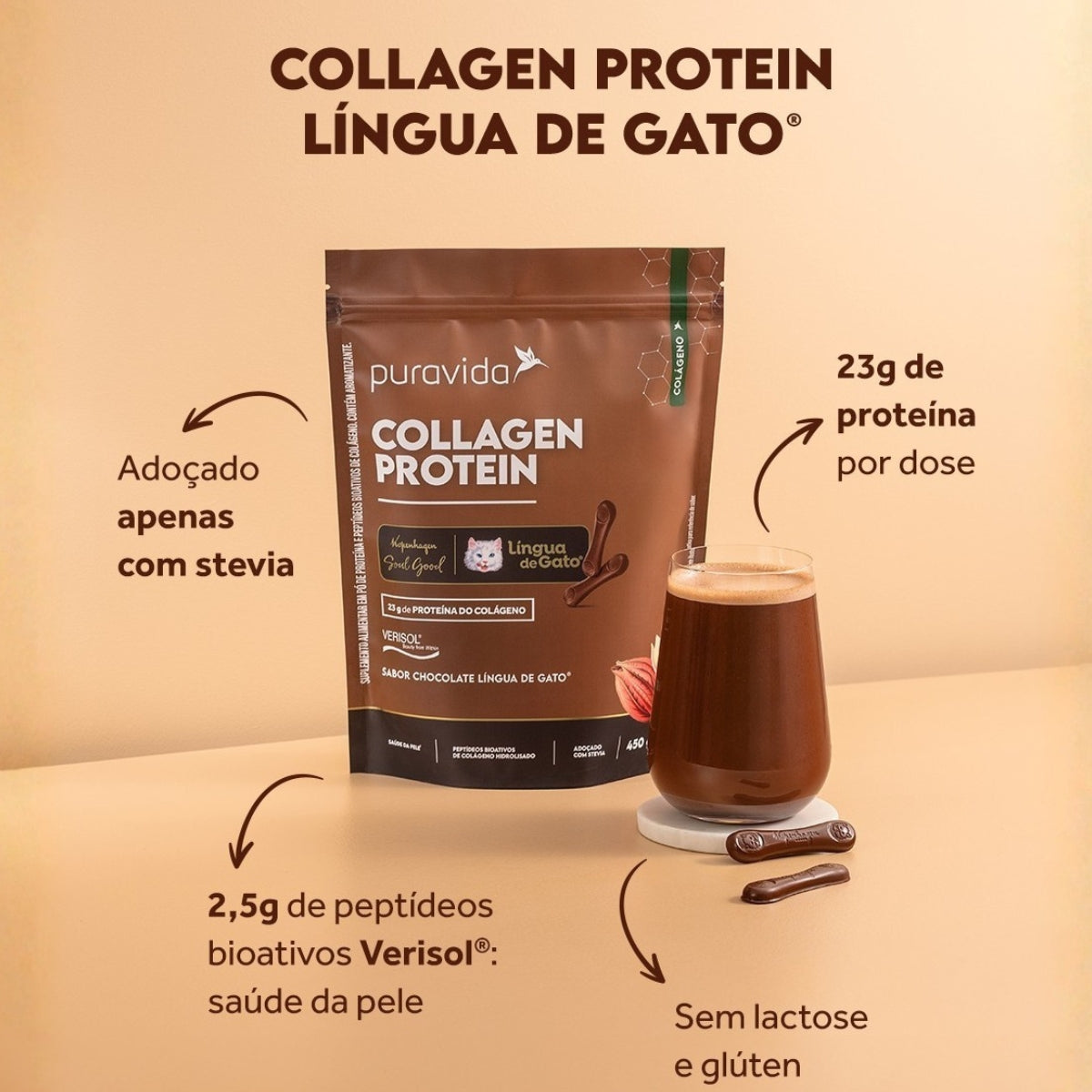 Collagen Protein Chocolate Língua de Gato Puravida | 450g