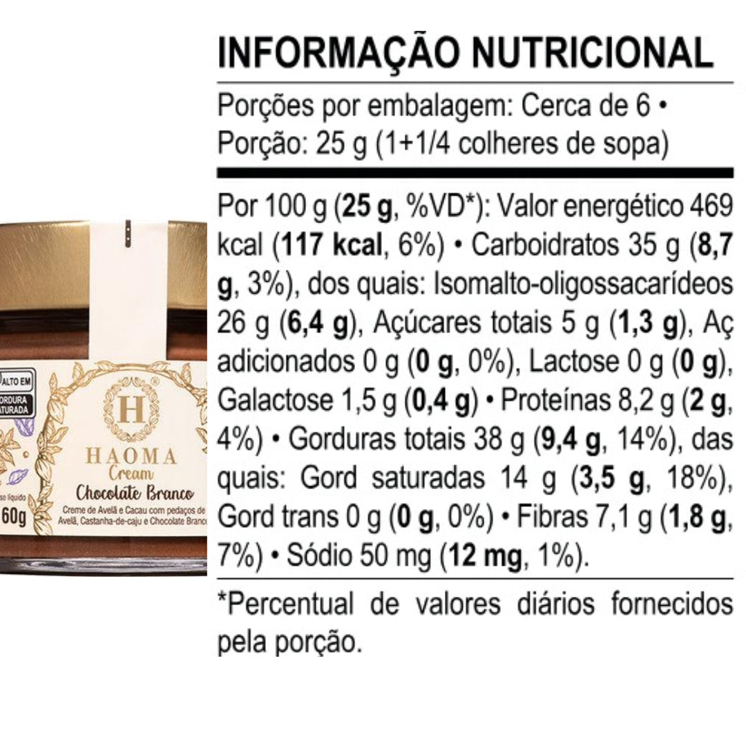 Haoma Cream Chocolate Branco Haoma Linha Stevia | 160g