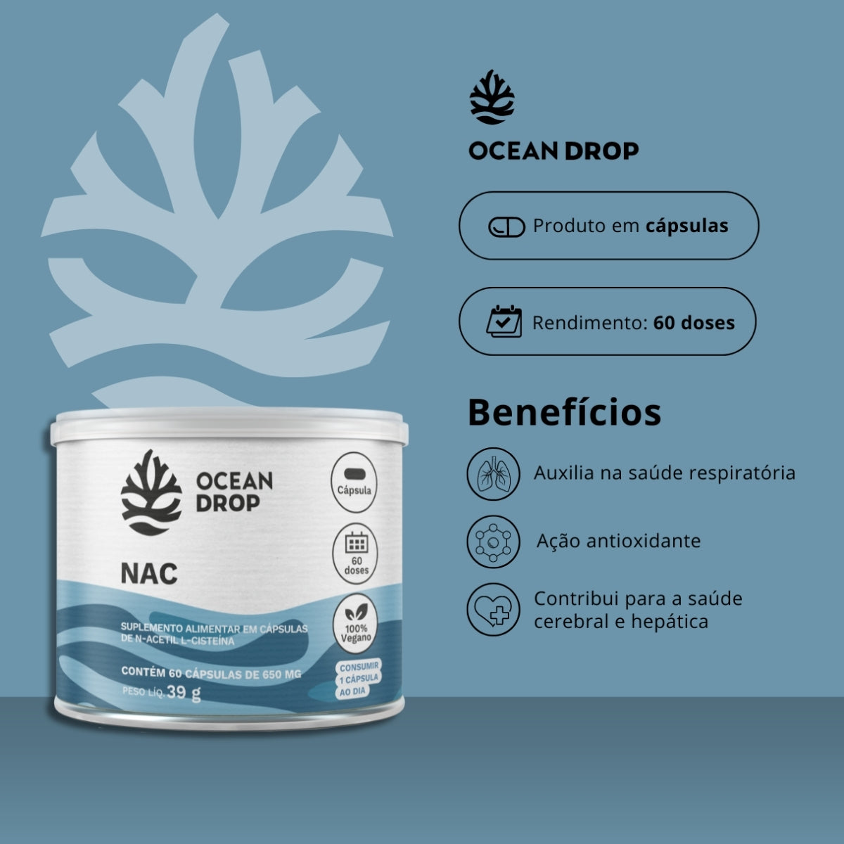 NAC L-Cisteína 500mg Ocean Drop | 120 cápsulas