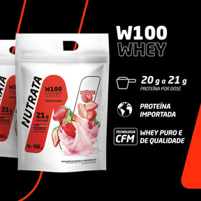 W100 Whey Concentrado Milkshake de Morango Nutrata | Refil 900g