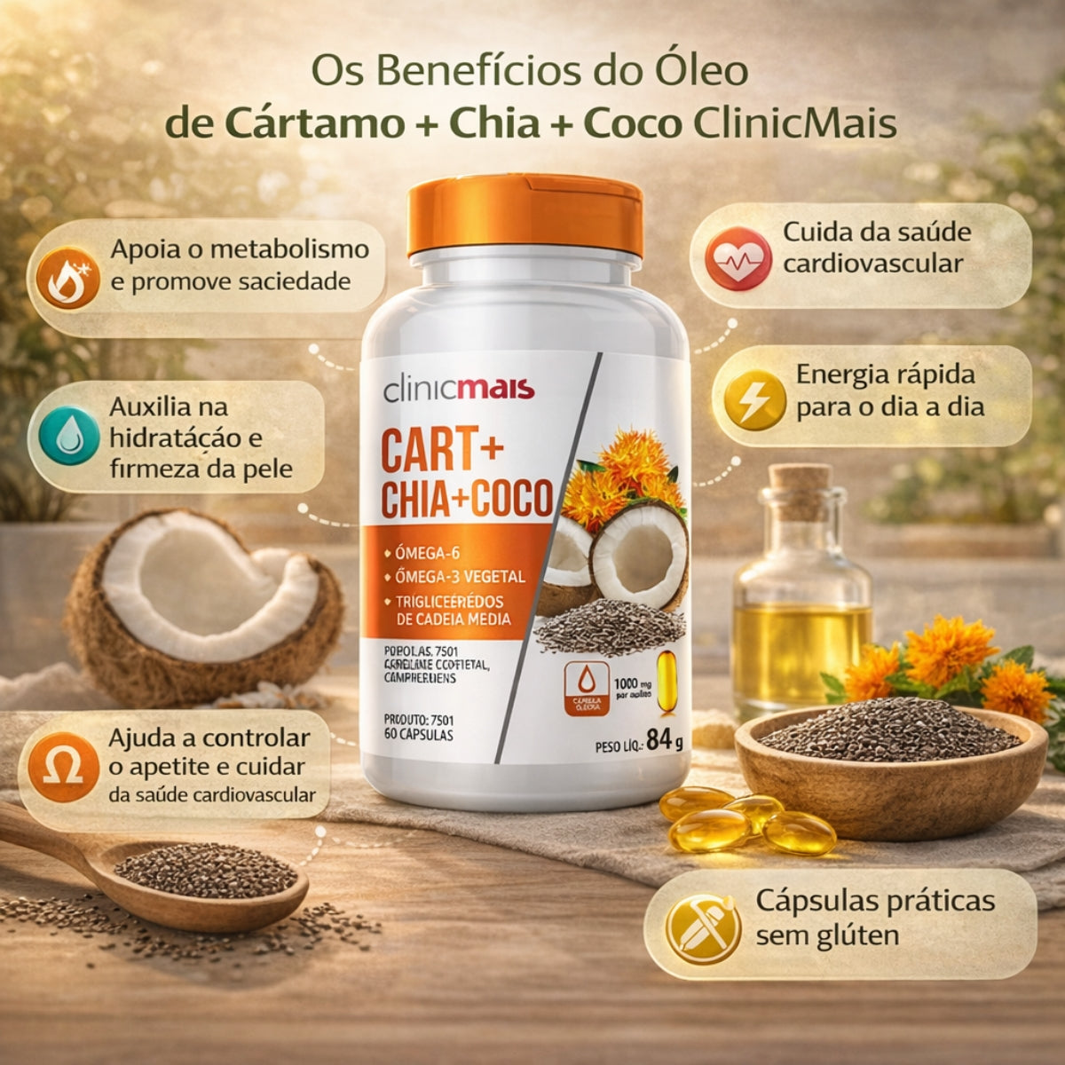 Óleo de Cártamo + Chia + Coco Clinicmais | 60 Cápsulas