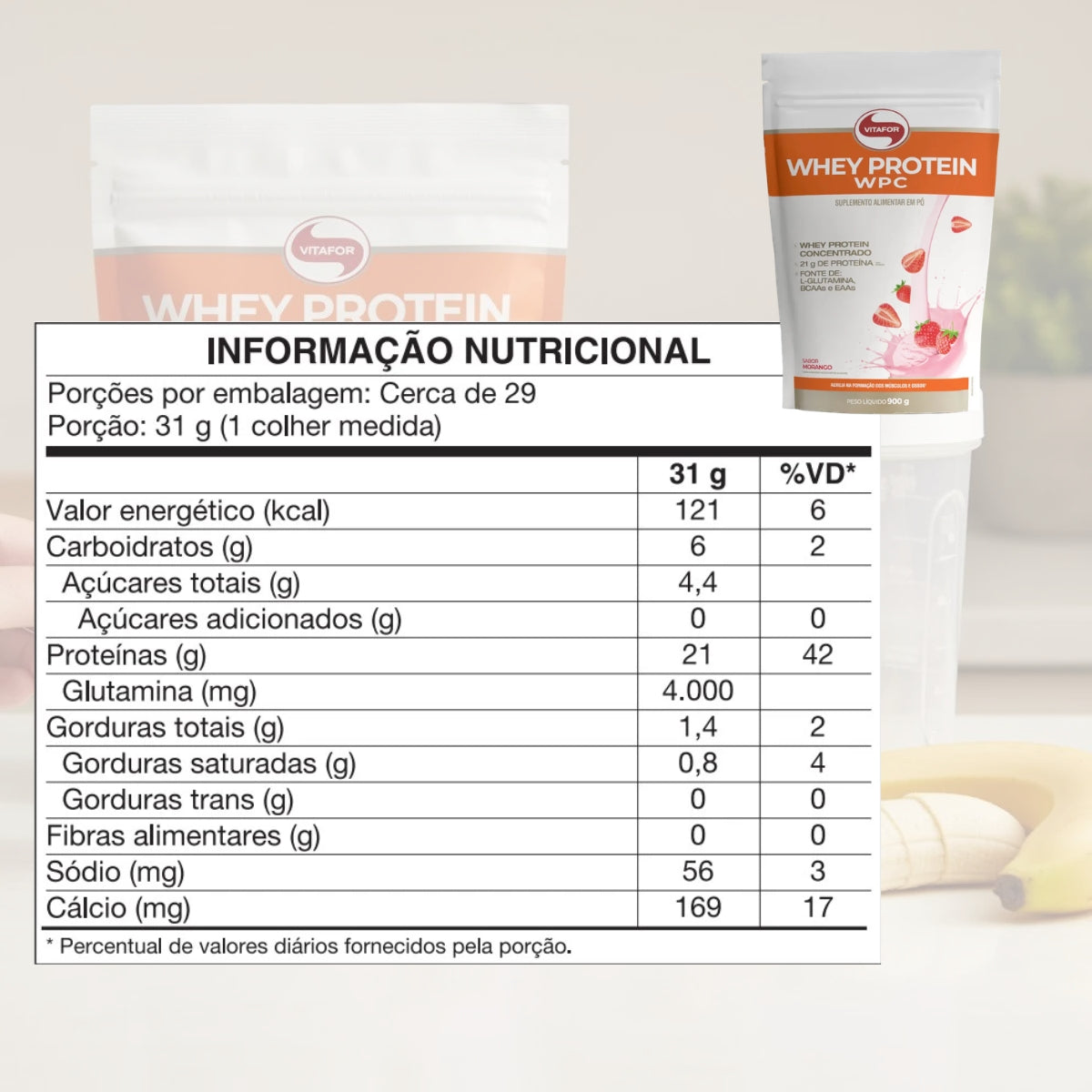 Whey Protein WPC Sabor Morango Vitafor | Sachê 900g