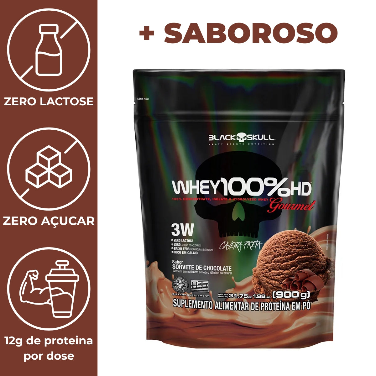 Whey 100%hd Gourmet Black Skull Sorvete De Chocolate | Refil 900g