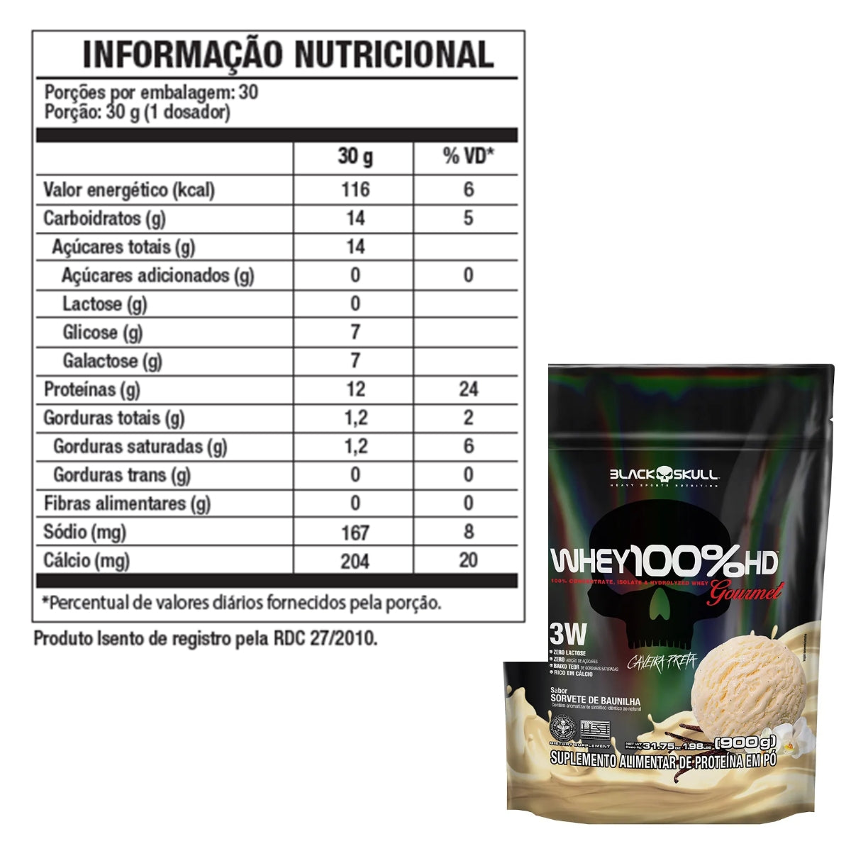 Whey 100%hd Gourmet Black Skull Sorvete De Baunilha | Refil 900g